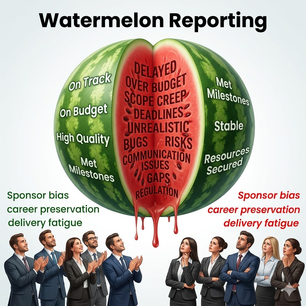 Infographic showing a watermelon, cracked open. on the green area are positive project reporting terms. falling out of the melon is the red flesh with negative reporting words, beneath the melon is a group of people, half are happy and content, half are worried and distressed. Watermelon Reporting | Change-Allies